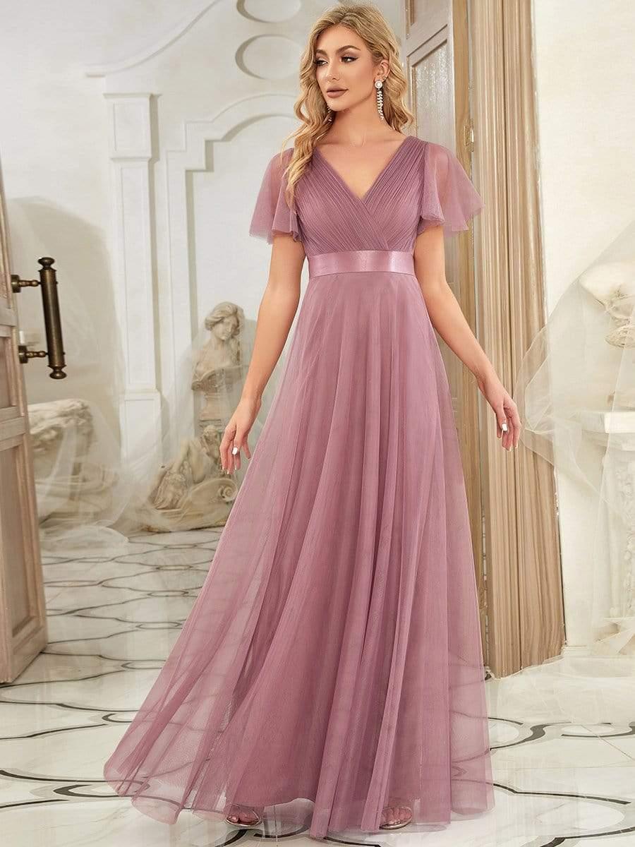 ever MISTE|Double V-Neck Tulle Floor-Length Bridesmaid Dress