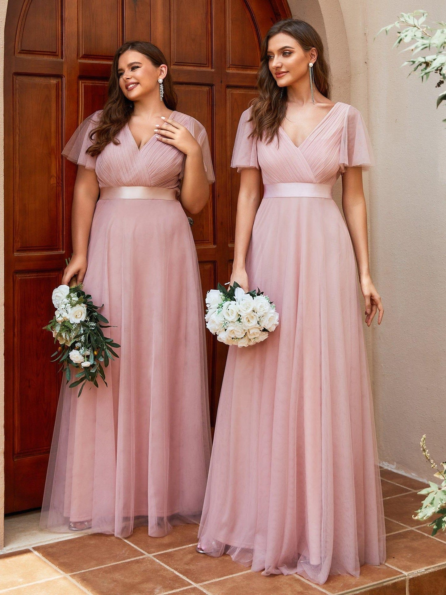 ever MISTE|Double V-Neck Tulle Floor-Length Bridesmaid Dress
