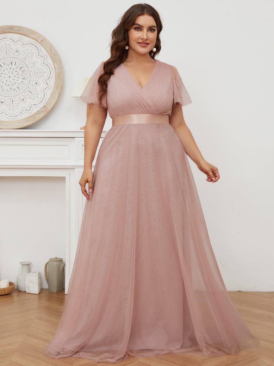 ever MISTE|Double V-Neck Tulle Floor-Length Bridesmaid Dress
