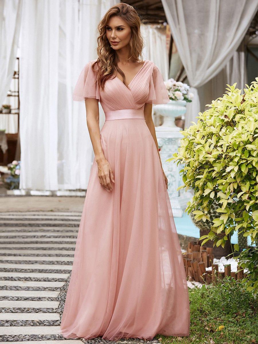 ever MISTE|Double V-Neck Tulle Floor-Length Bridesmaid Dress