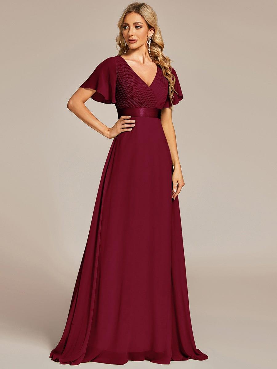 ever MONICA|Long Empire Waist Bridesmaid Dress with Short Flutter Sleeves