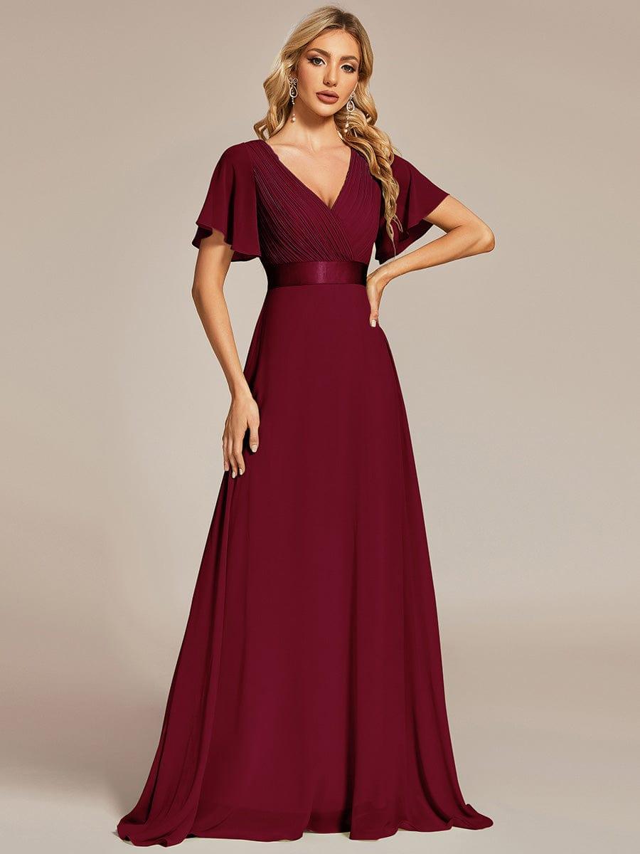 ever MONICA|Long Empire Waist Bridesmaid Dress with Short Flutter Sleeves