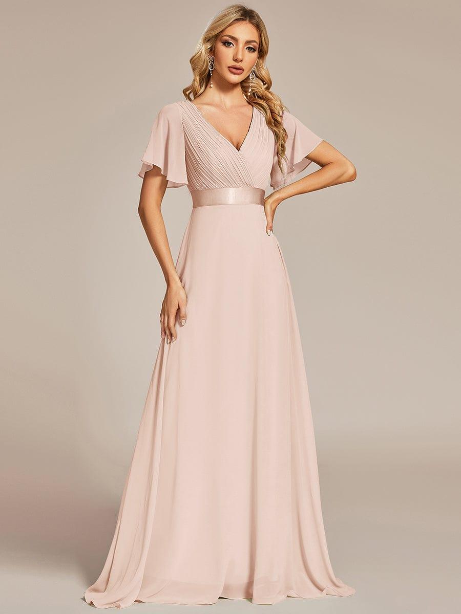 ever MONICA|Long Empire Waist Bridesmaid Dress with Short Flutter Sleeves