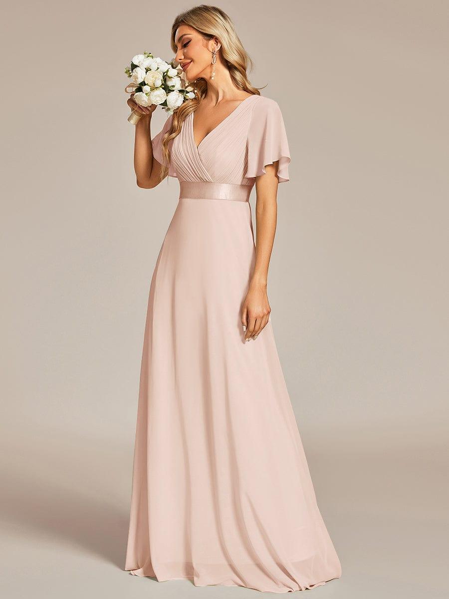 ever MONICA|Long Empire Waist Bridesmaid Dress with Short Flutter Sleeves