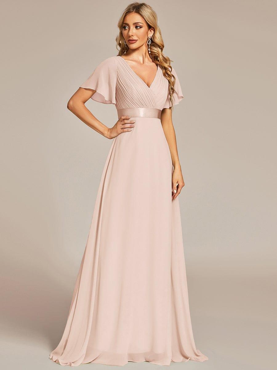 ever MONICA|Long Empire Waist Bridesmaid Dress with Short Flutter Sleeves