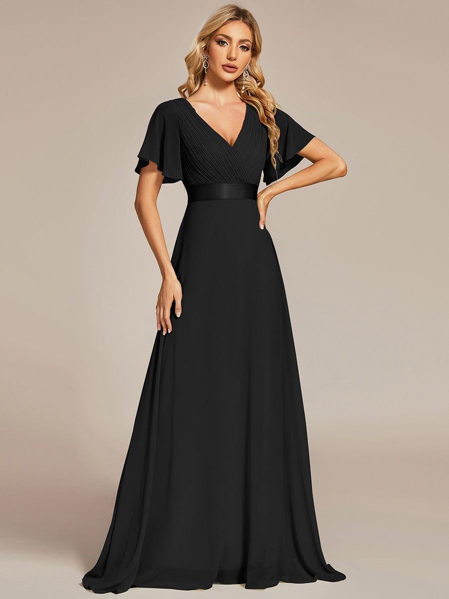 ever MONICA|Long Empire Waist Bridesmaid Dress with Short Flutter Sleeves
