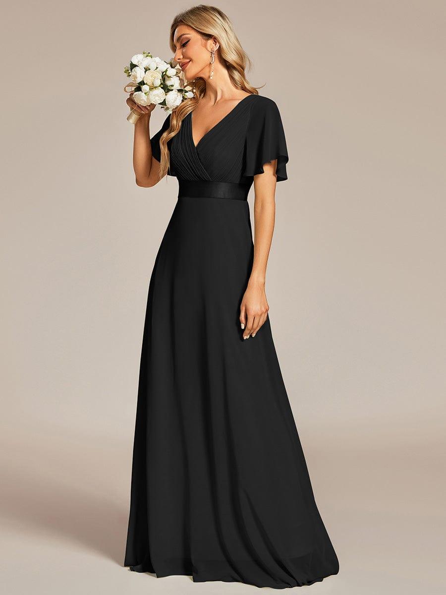 ever MONICA|Long Empire Waist Bridesmaid Dress with Short Flutter Sleeves