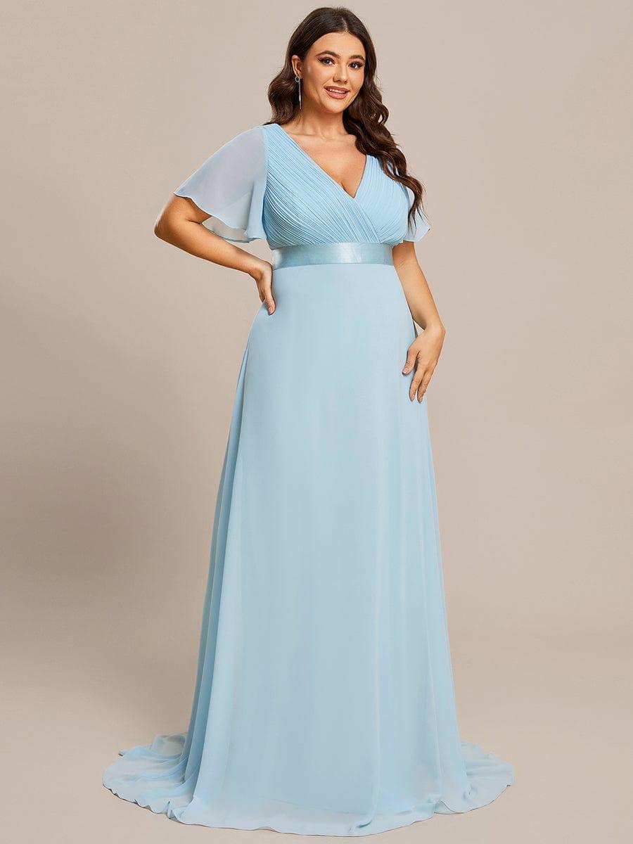 ever MONICA|Long Empire Waist Bridesmaid Dress with Short Flutter Sleeves