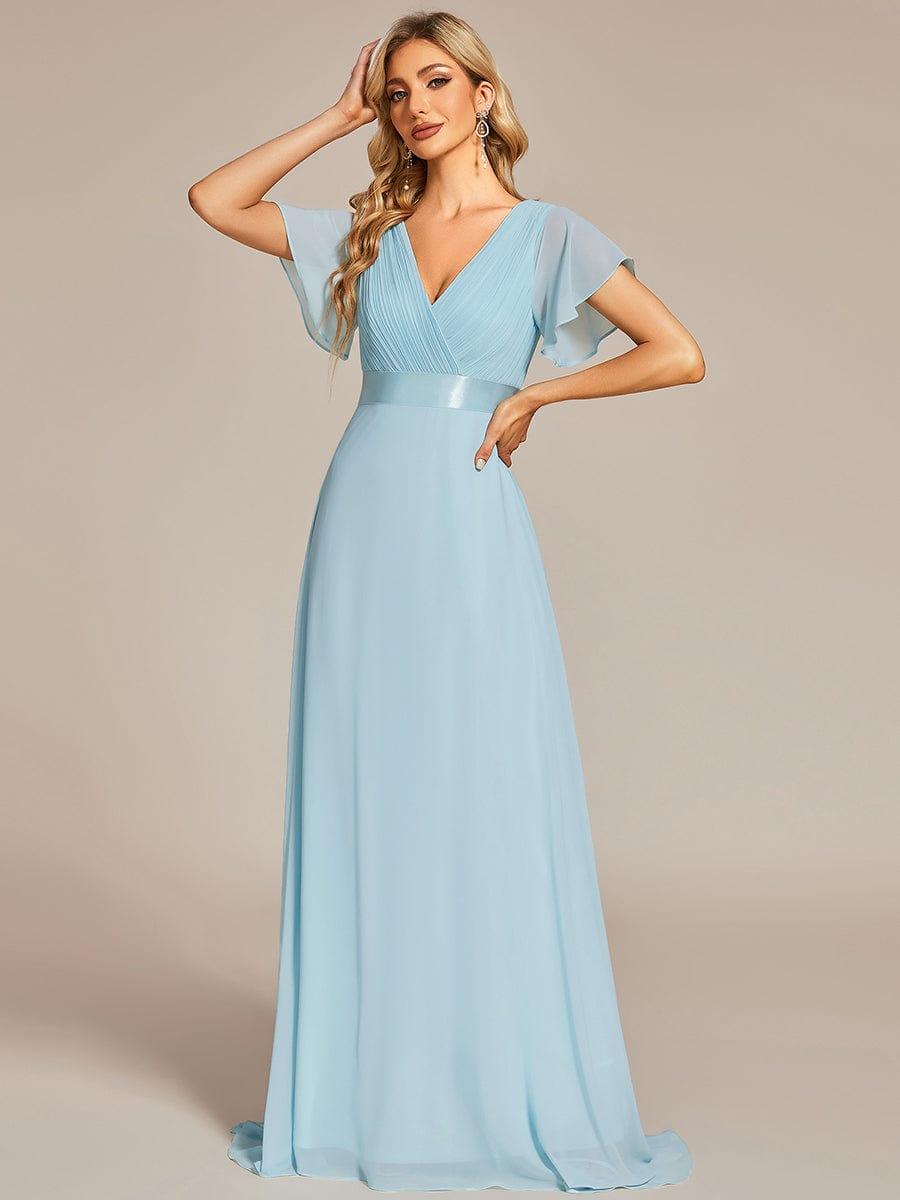 ever MONICA|Long Empire Waist Bridesmaid Dress with Short Flutter Sleeves