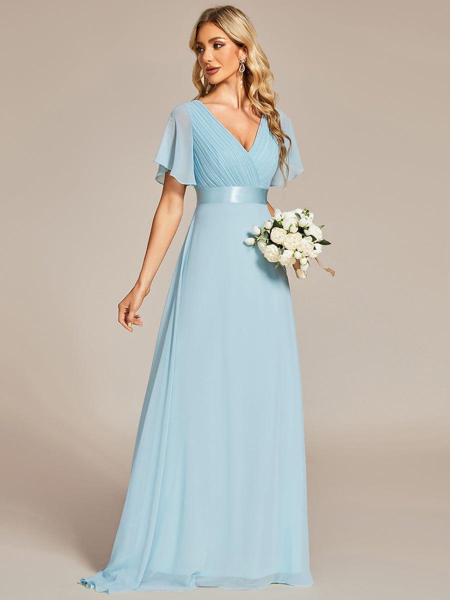 ever MONICA|Long Empire Waist Bridesmaid Dress with Short Flutter Sleeves