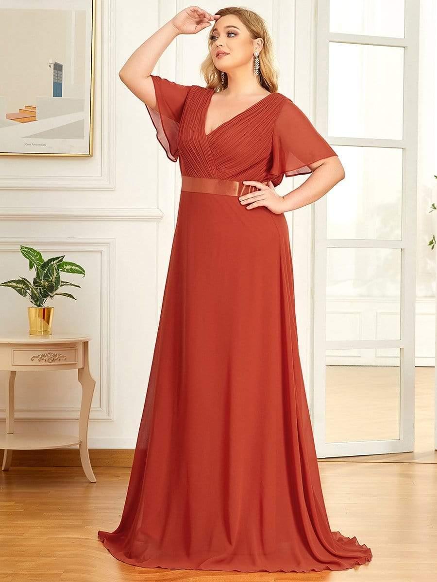 ever MONICA|Long Empire Waist Bridesmaid Dress with Short Flutter Sleeves