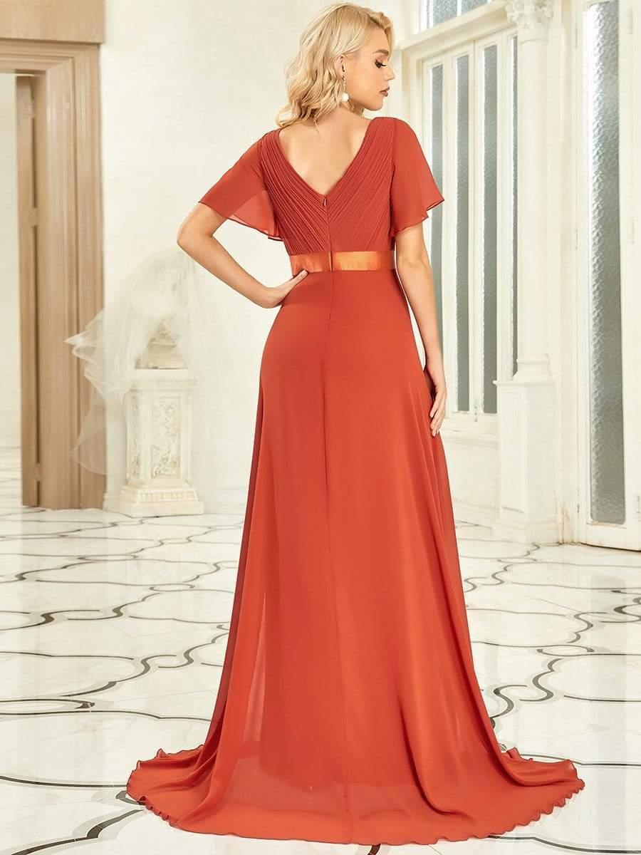 ever MONICA|Long Empire Waist Bridesmaid Dress with Short Flutter Sleeves