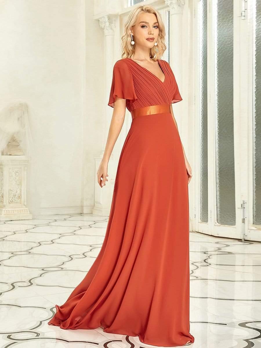 ever MONICA|Long Empire Waist Bridesmaid Dress with Short Flutter Sleeves