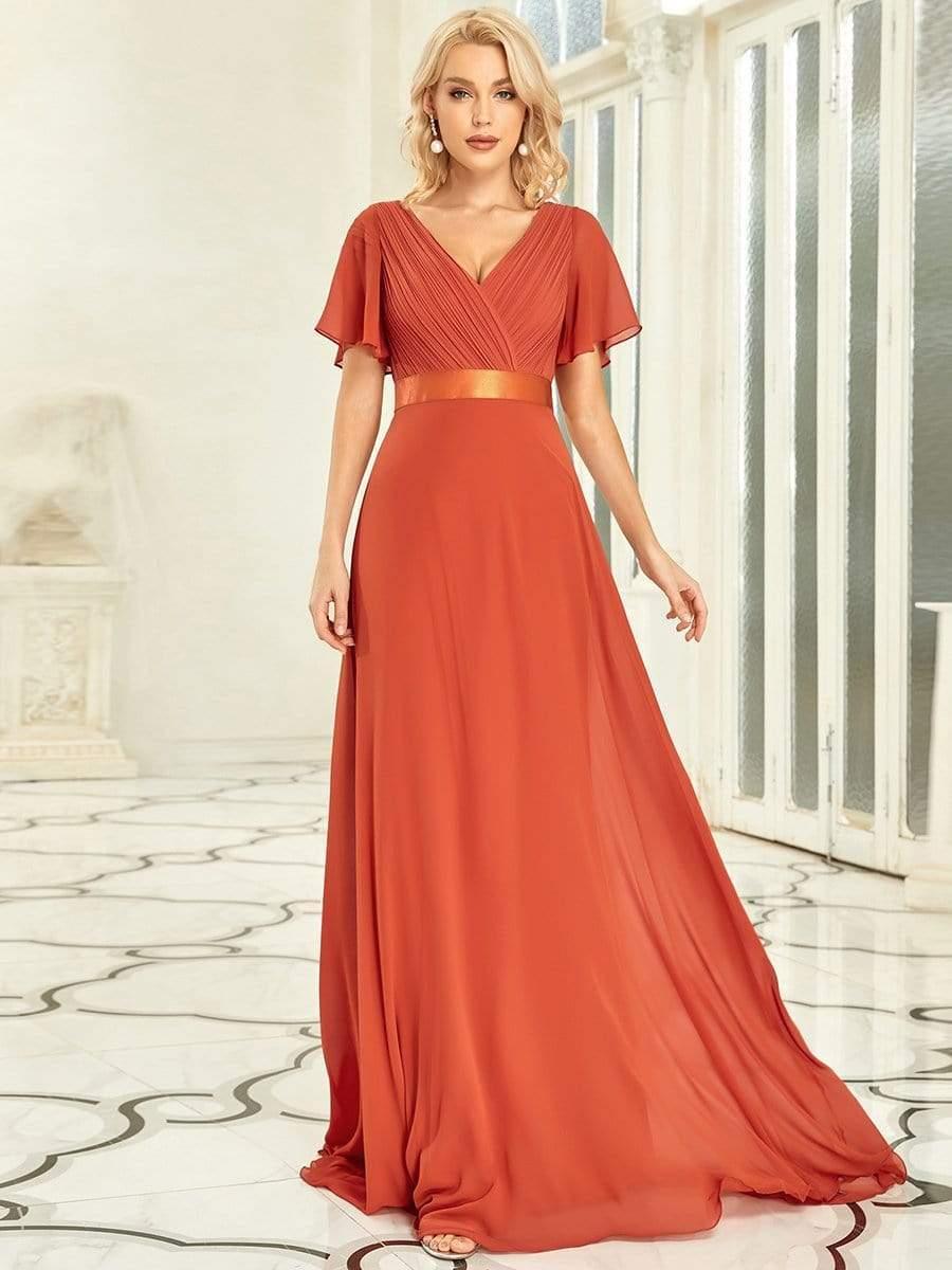 ever MONICA|Long Empire Waist Bridesmaid Dress with Short Flutter Sleeves