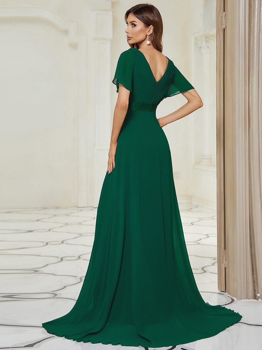 ever MONICA|Long Empire Waist Bridesmaid Dress with Short Flutter Sleeves
