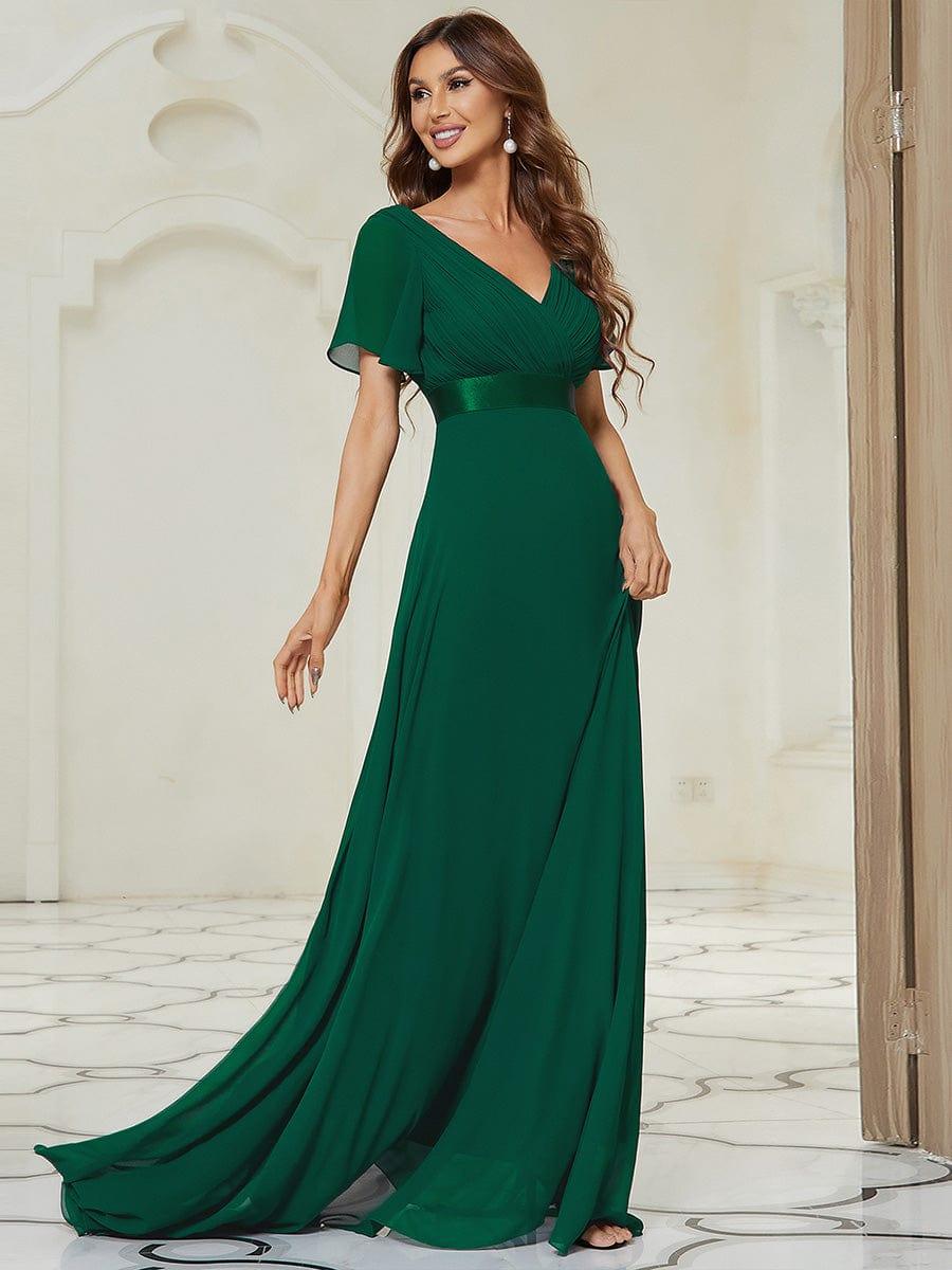 ever MONICA|Long Empire Waist Bridesmaid Dress with Short Flutter Sleeves