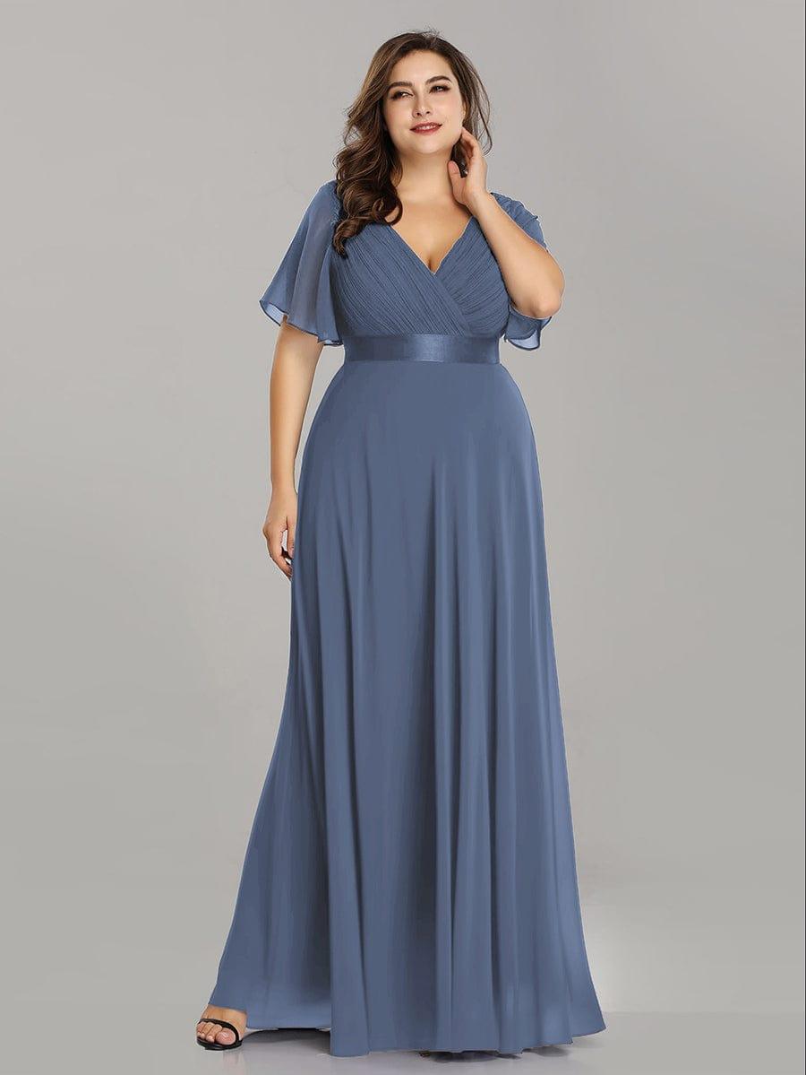 ever MONICA|Long Empire Waist Bridesmaid Dress with Short Flutter Sleeves