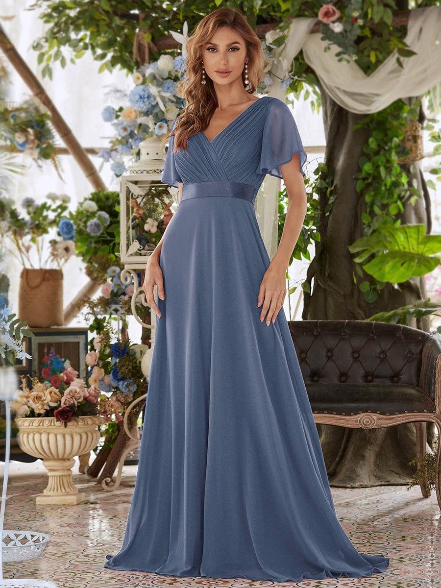 ever MONICA|Long Empire Waist Bridesmaid Dress with Short Flutter Sleeves