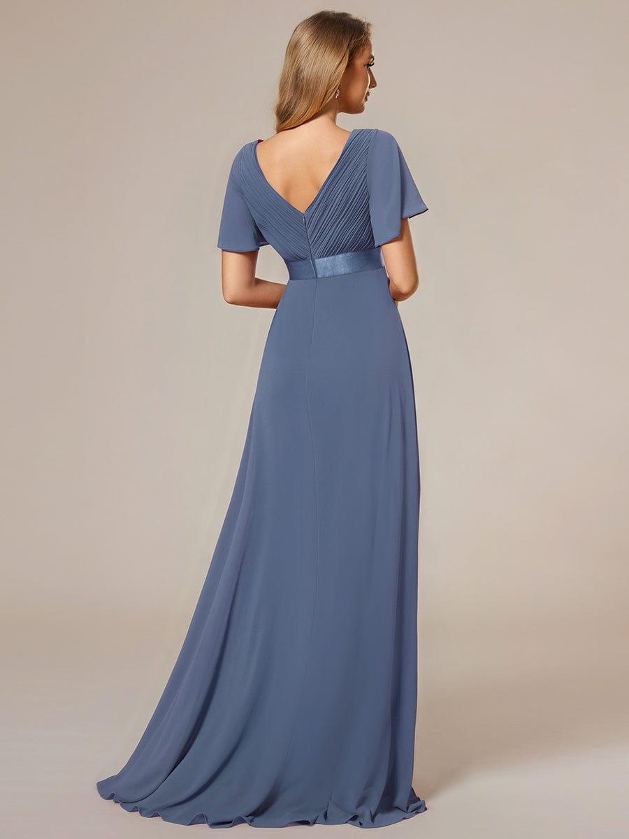 ever MONICA|Long Empire Waist Bridesmaid Dress with Short Flutter Sleeves