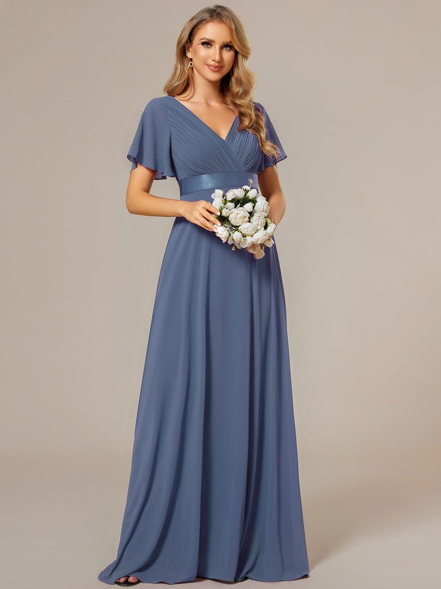 ever MONICA|Long Empire Waist Bridesmaid Dress with Short Flutter Sleeves