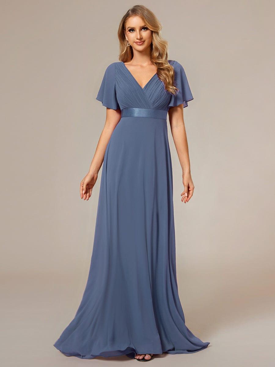 ever MONICA|Long Empire Waist Bridesmaid Dress with Short Flutter Sleeves