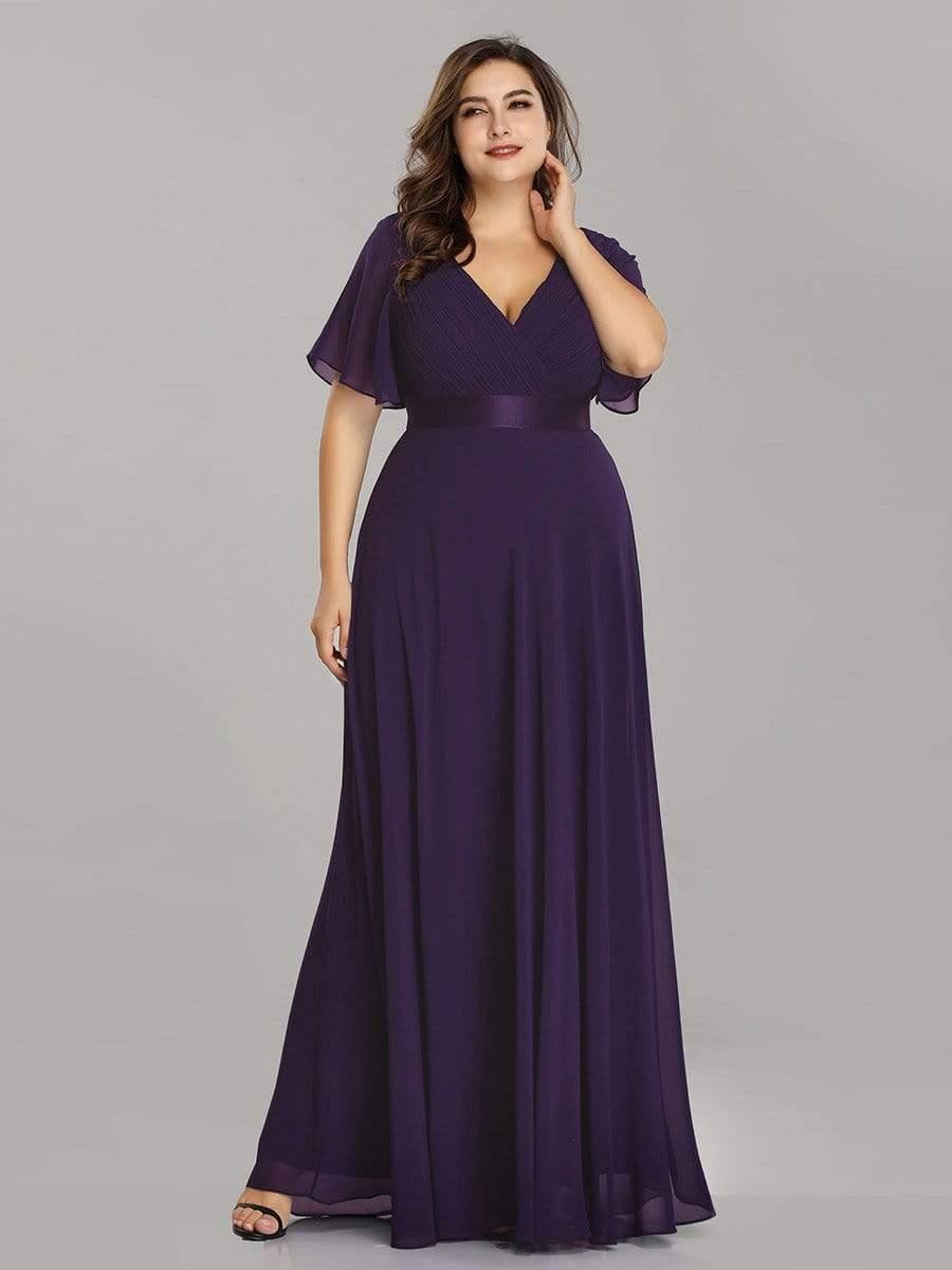 ever MONICA|Long Empire Waist Bridesmaid Dress with Short Flutter Sleeves