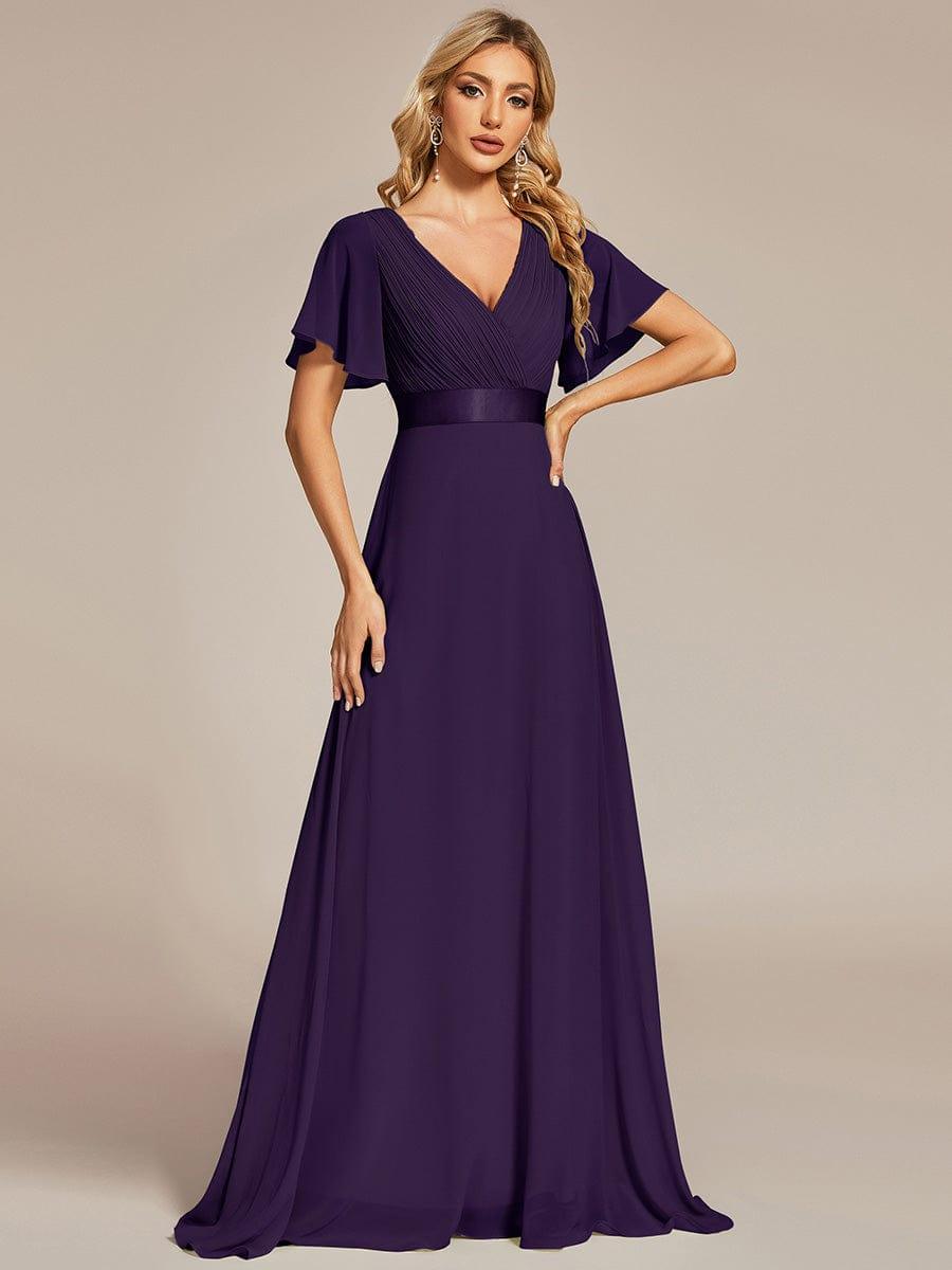 ever MONICA|Long Empire Waist Bridesmaid Dress with Short Flutter Sleeves
