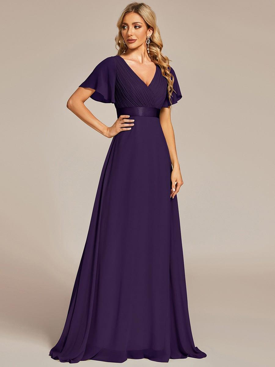 ever MONICA|Long Empire Waist Bridesmaid Dress with Short Flutter Sleeves