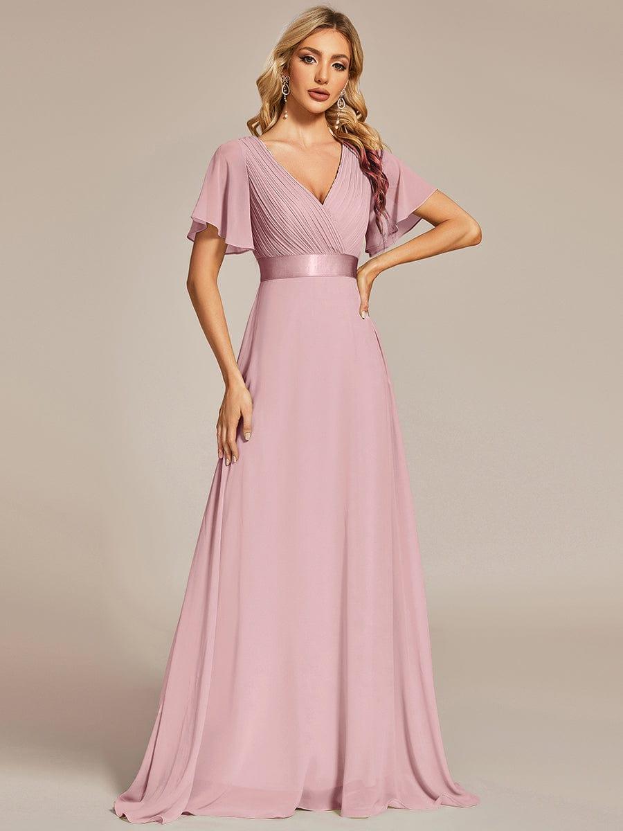 ever MONICA|Long Empire Waist Bridesmaid Dress with Short Flutter Sleeves