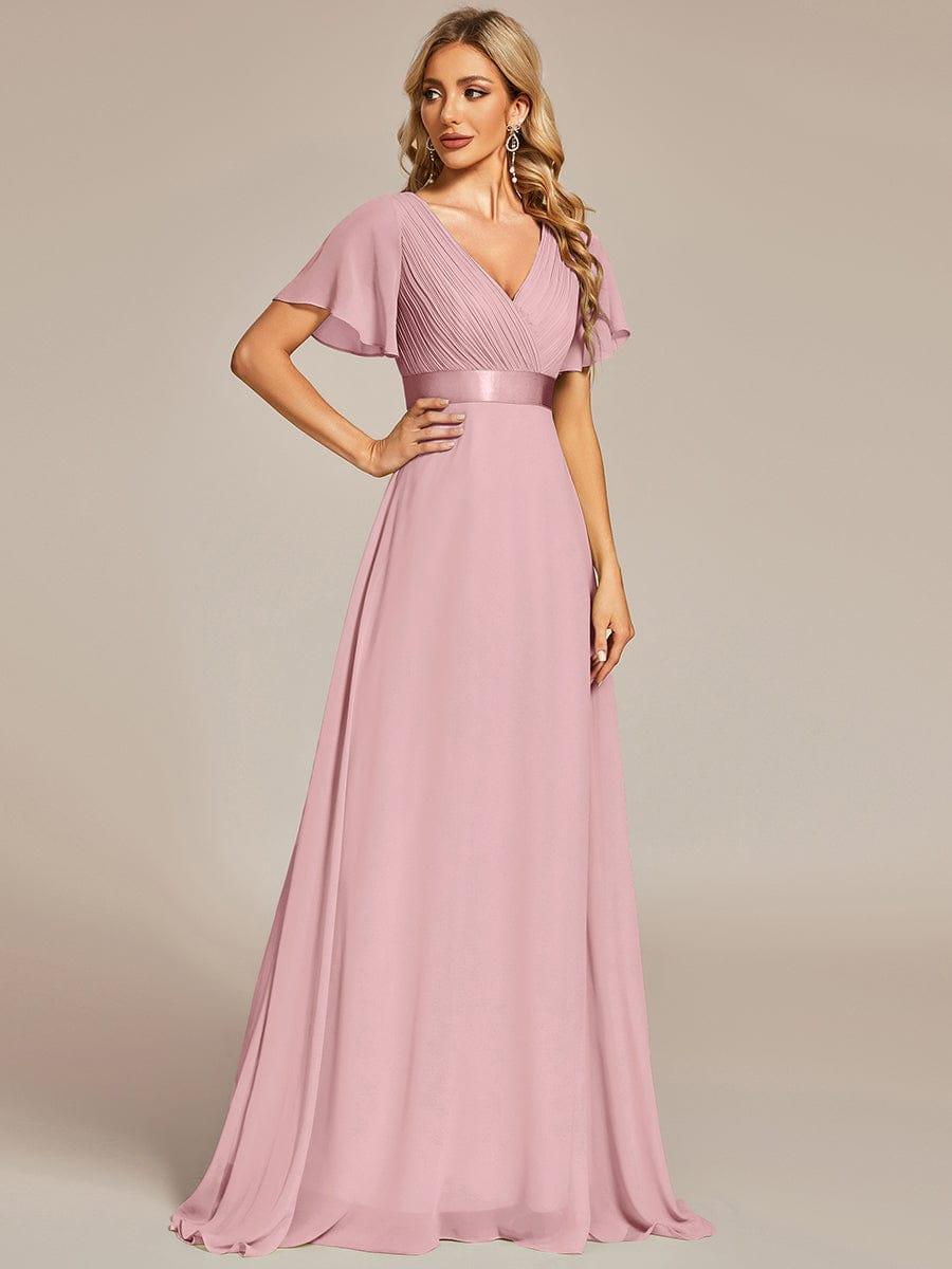 ever MONICA|Long Empire Waist Bridesmaid Dress with Short Flutter Sleeves