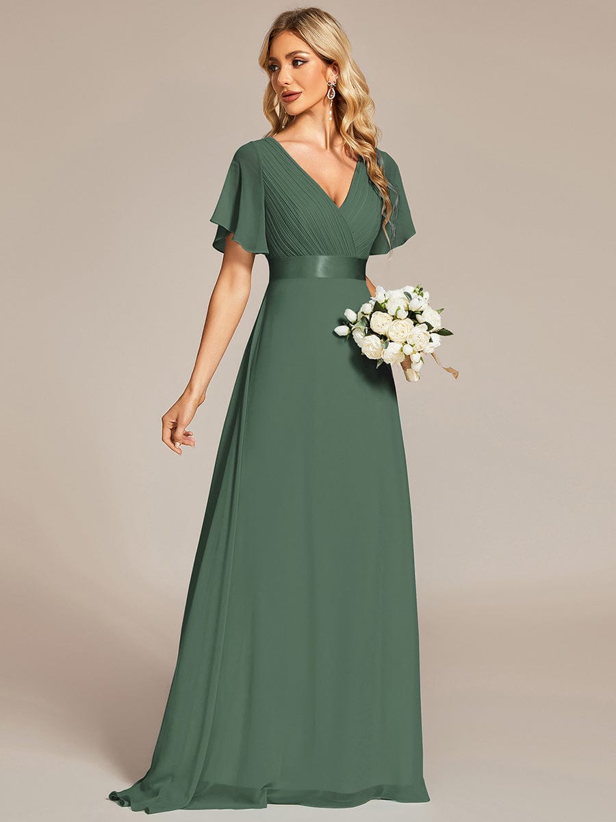 ever MONICA|Long Empire Waist Bridesmaid Dress with Short Flutter Sleeves