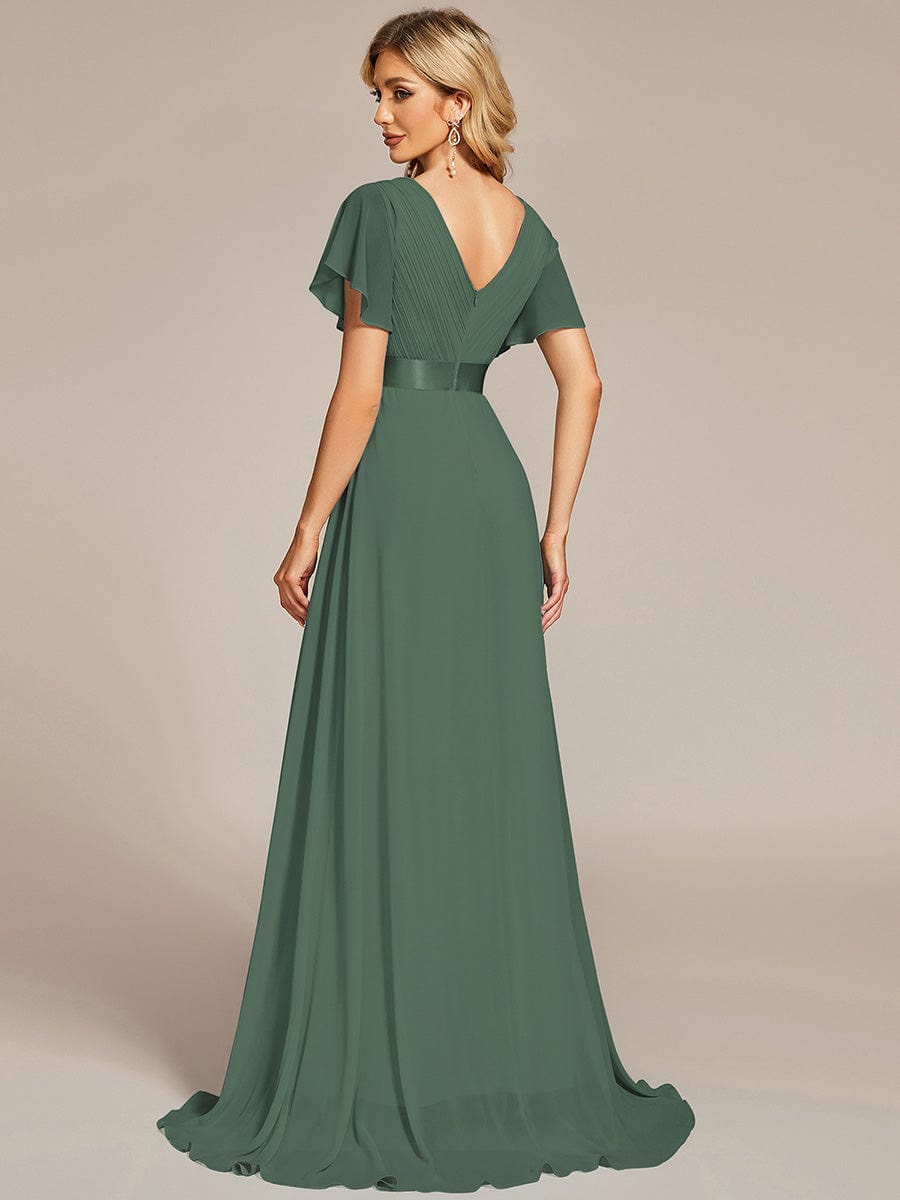 ever MONICA|Long Empire Waist Bridesmaid Dress with Short Flutter Sleeves