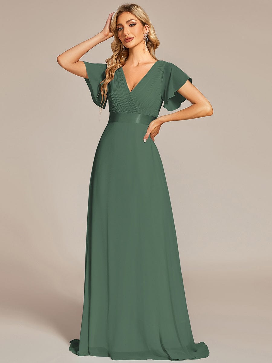ever MONICA|Long Empire Waist Bridesmaid Dress with Short Flutter Sleeves