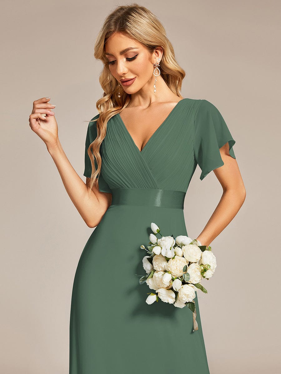 ever MONICA|Long Empire Waist Bridesmaid Dress with Short Flutter Sleeves