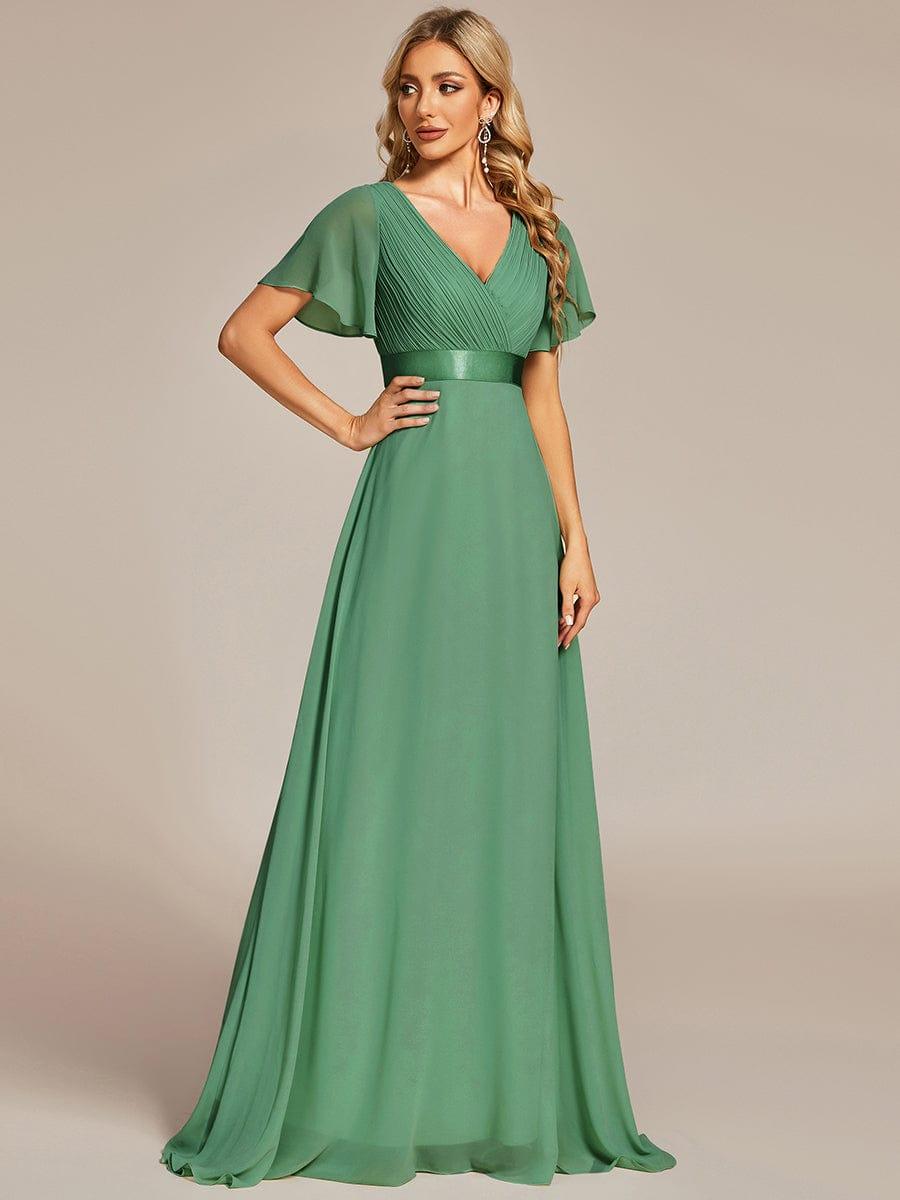 ever MONICA|Long Empire Waist Bridesmaid Dress with Short Flutter Sleeves
