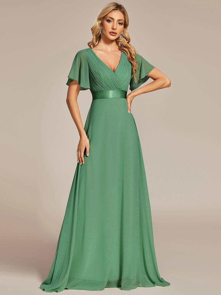 ever MONICA|Long Empire Waist Bridesmaid Dress with Short Flutter Sleeves