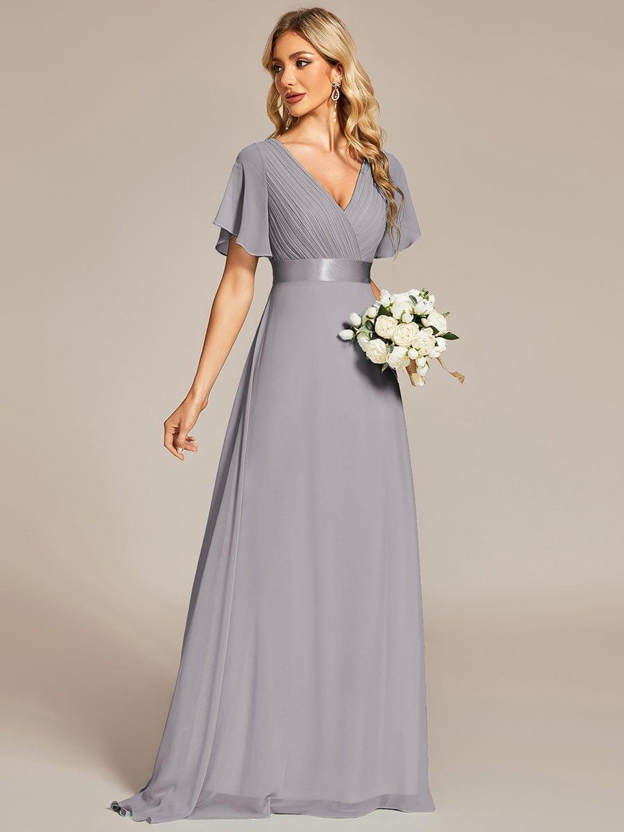 ever MONICA|Long Empire Waist Bridesmaid Dress with Short Flutter Sleeves