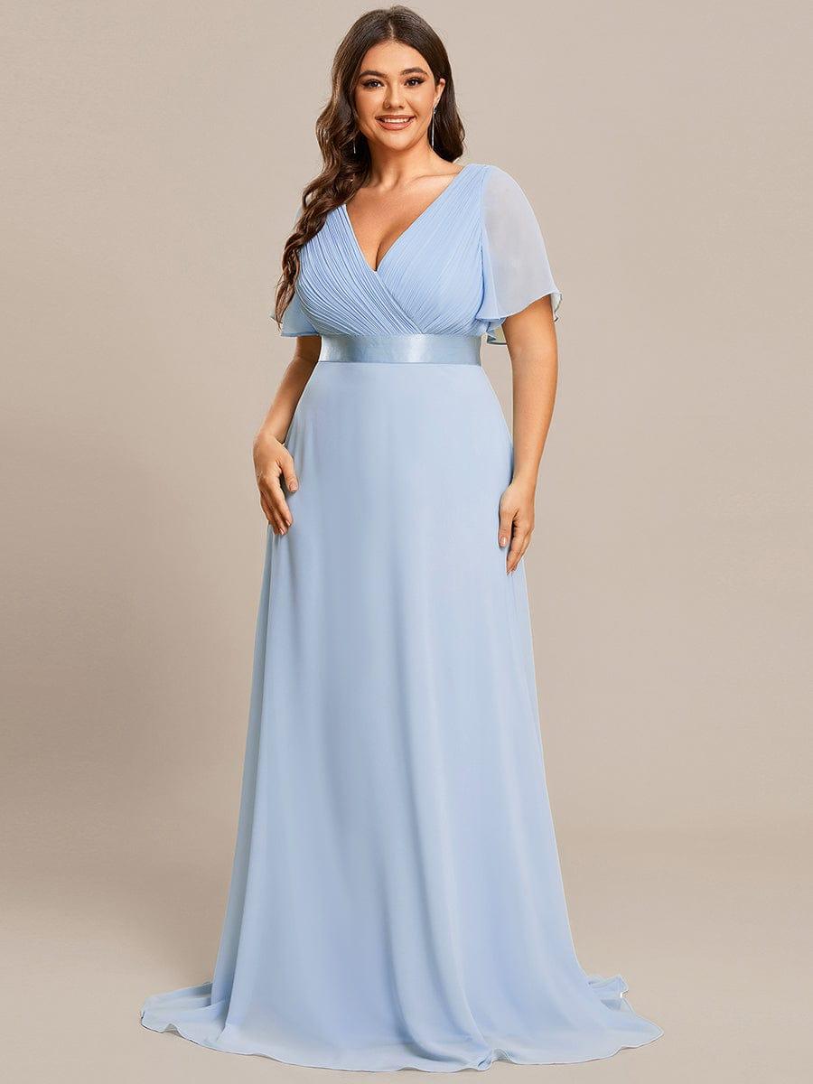 ever MONICA|Long Empire Waist Bridesmaid Dress with Short Flutter Sleeves
