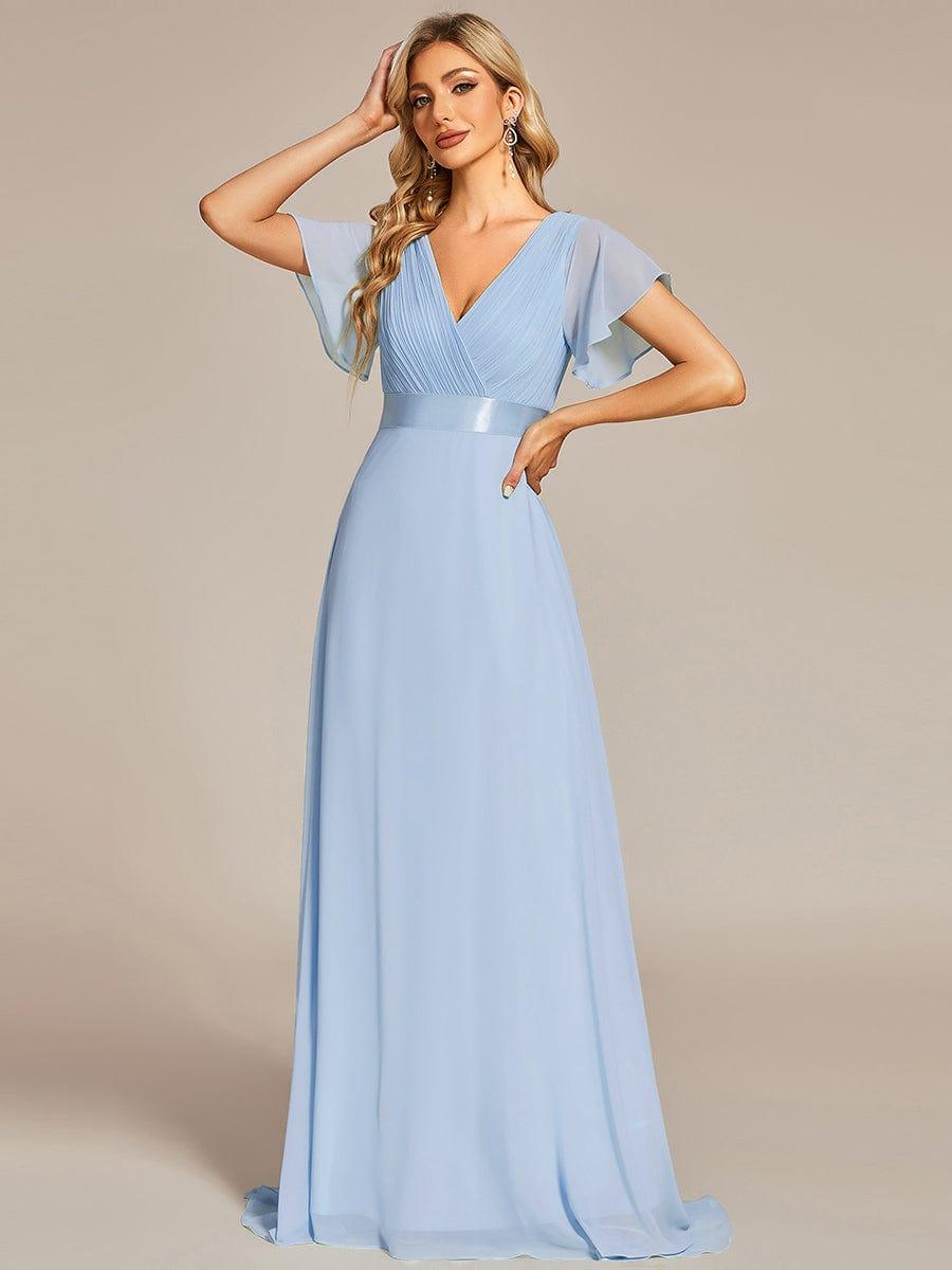 ever MONICA|Long Empire Waist Bridesmaid Dress with Short Flutter Sleeves
