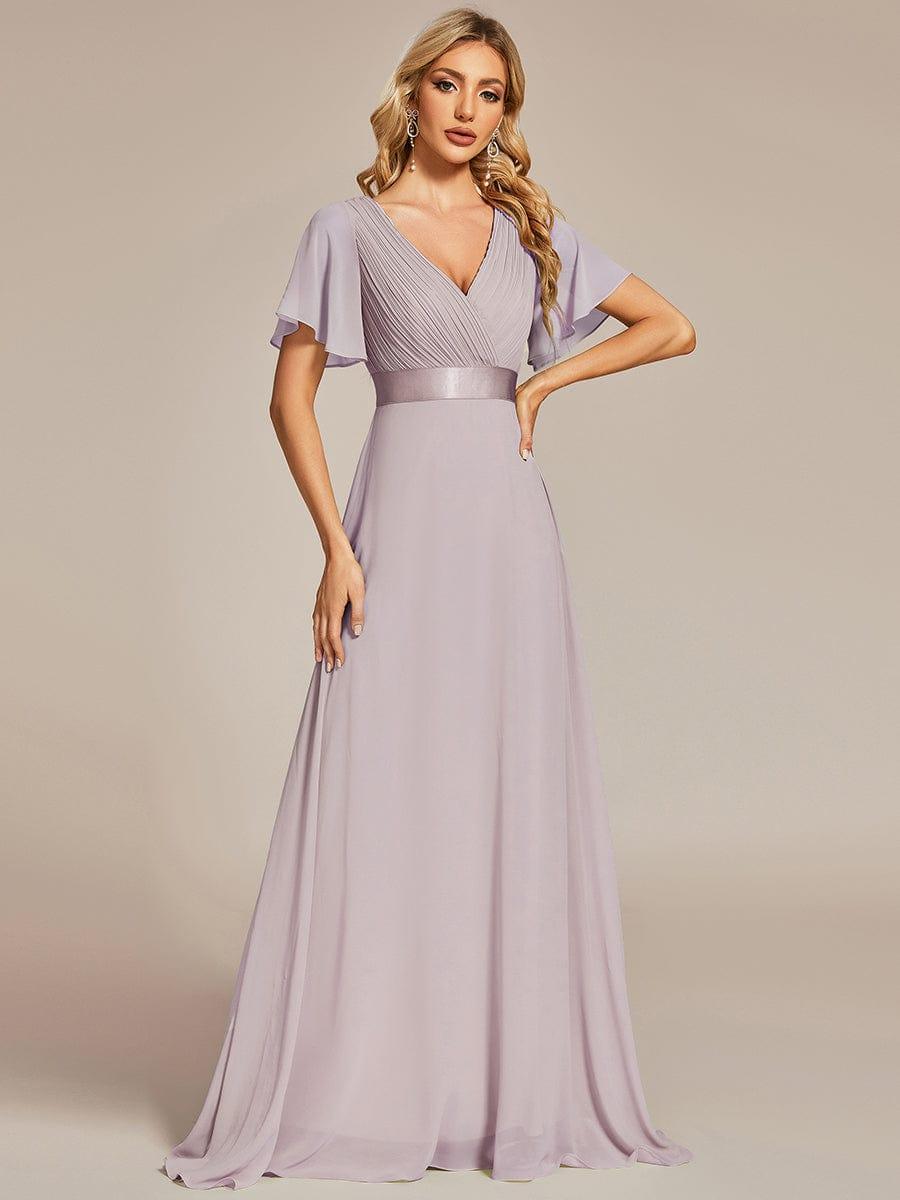 ever MONICA|Long Empire Waist Bridesmaid Dress with Short Flutter Sleeves