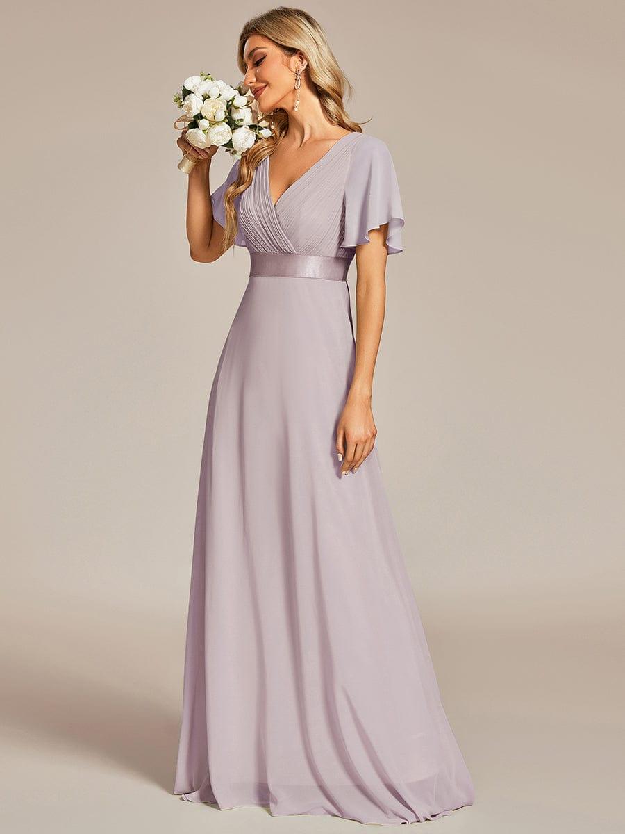 ever MONICA|Long Empire Waist Bridesmaid Dress with Short Flutter Sleeves