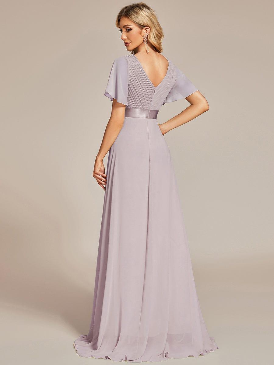 ever MONICA|Long Empire Waist Bridesmaid Dress with Short Flutter Sleeves