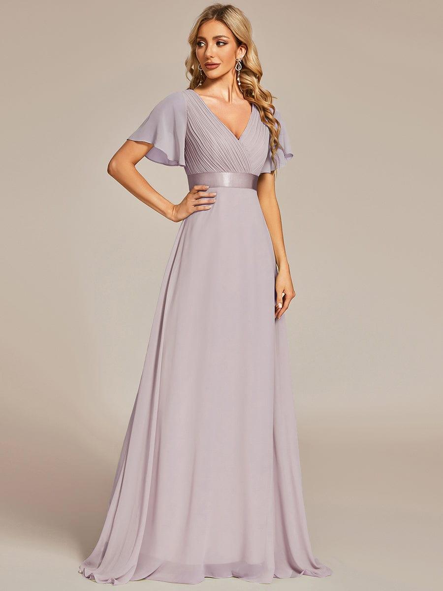 ever MONICA|Long Empire Waist Bridesmaid Dress with Short Flutter Sleeves