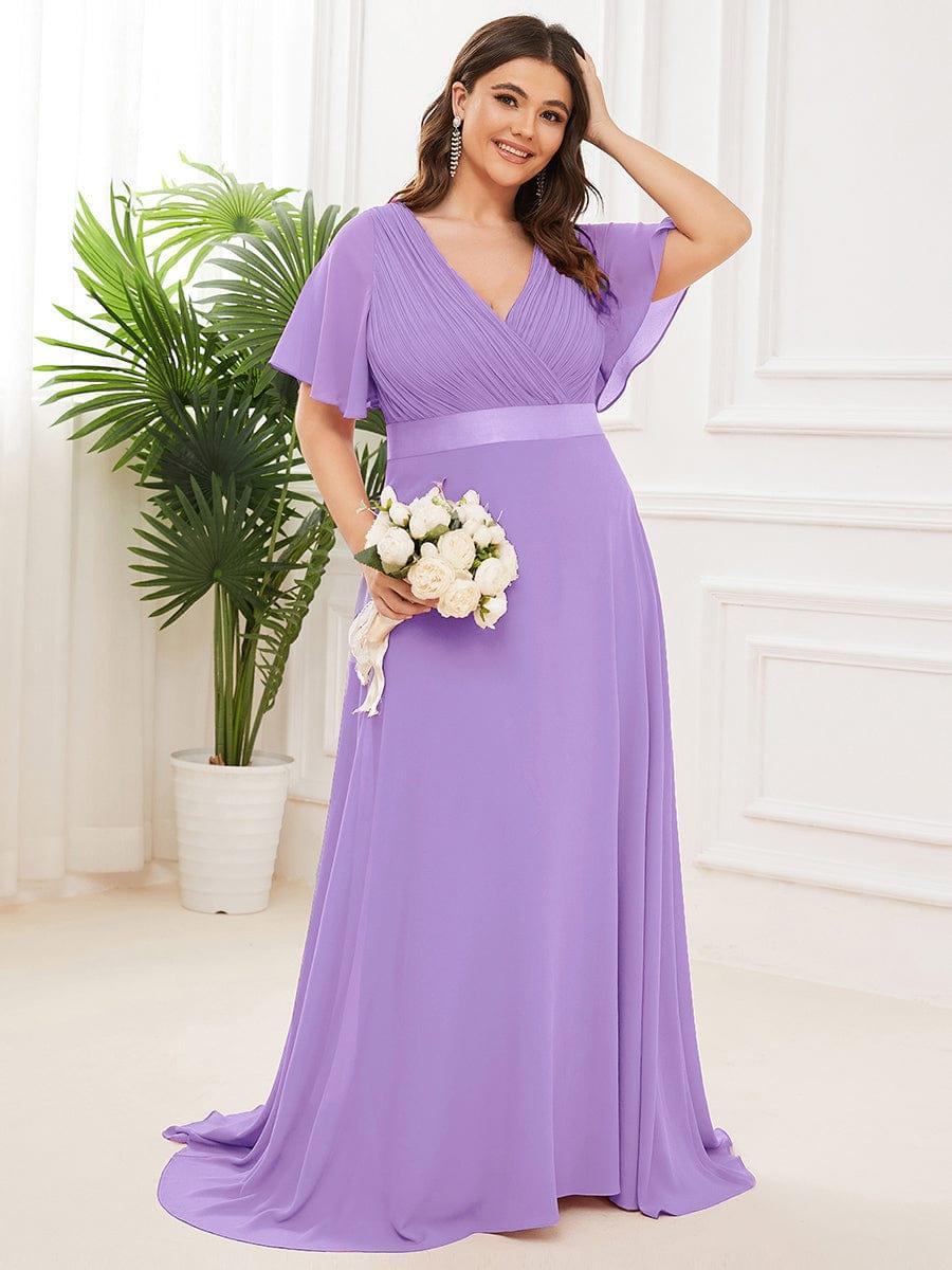 ever MONICA|Long Empire Waist Bridesmaid Dress with Short Flutter Sleeves