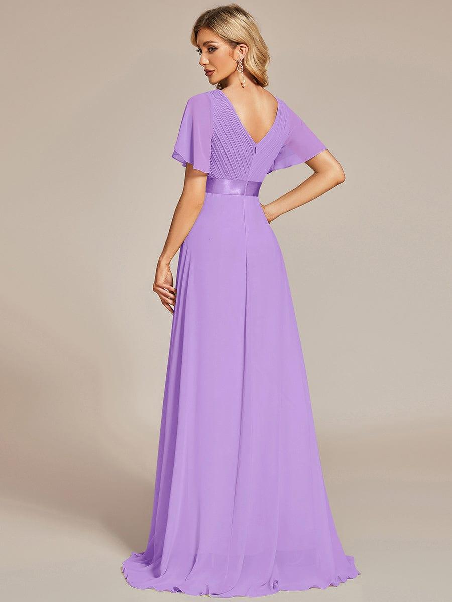 ever MONICA|Long Empire Waist Bridesmaid Dress with Short Flutter Sleeves
