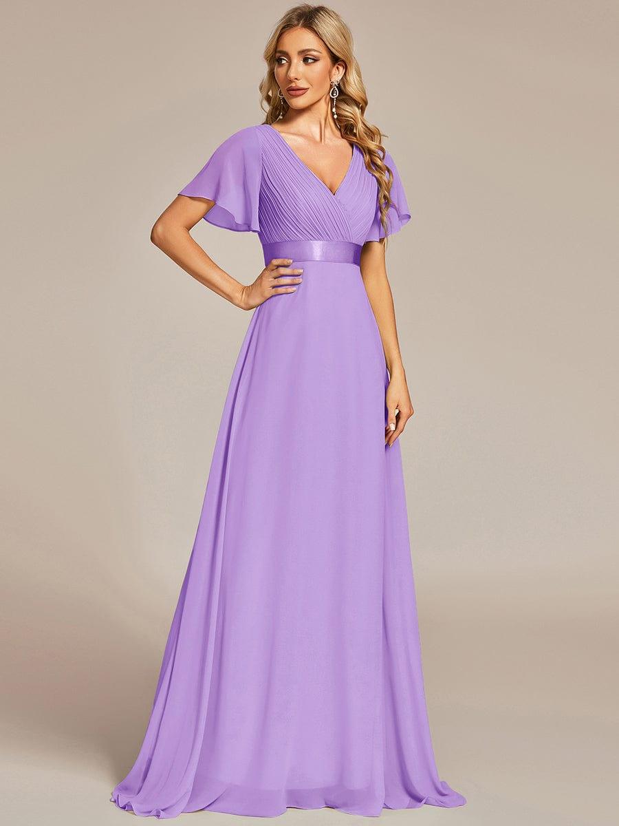 ever MONICA|Long Empire Waist Bridesmaid Dress with Short Flutter Sleeves