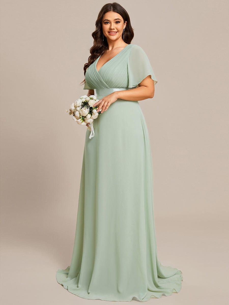 ever MONICA|Long Empire Waist Bridesmaid Dress with Short Flutter Sleeves