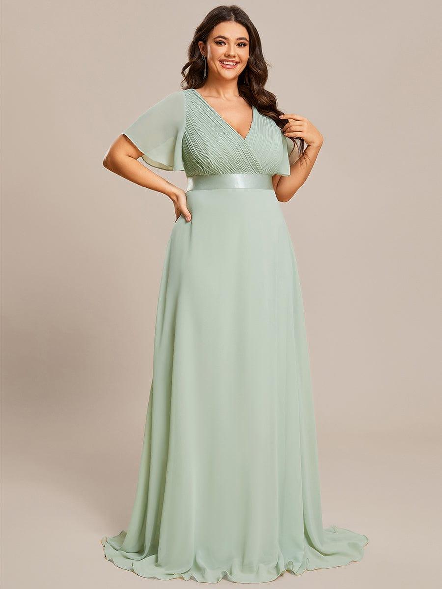 ever MONICA|Long Empire Waist Bridesmaid Dress with Short Flutter Sleeves