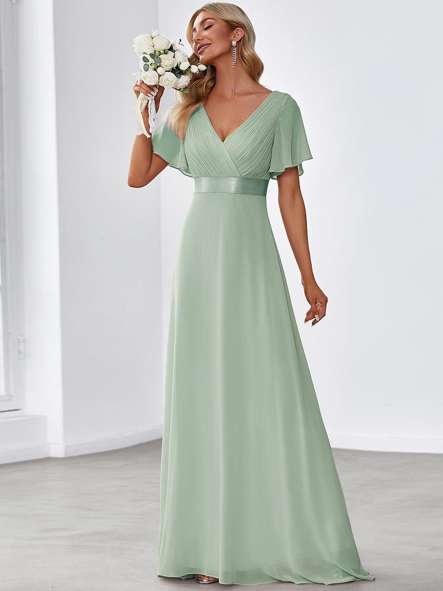 ever MONICA|Long Empire Waist Bridesmaid Dress with Short Flutter Sleeves