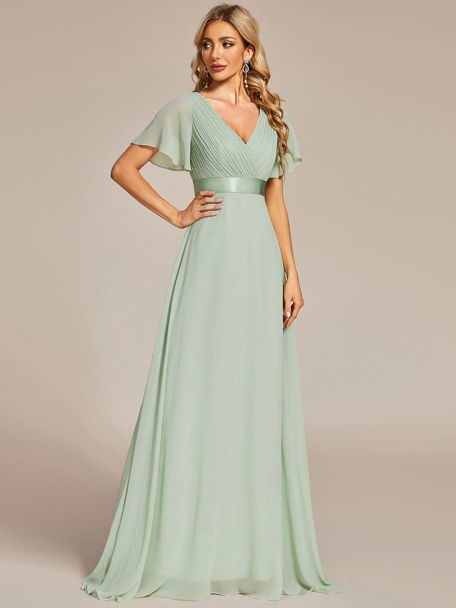 ever MONICA|Long Empire Waist Bridesmaid Dress with Short Flutter Sleeves
